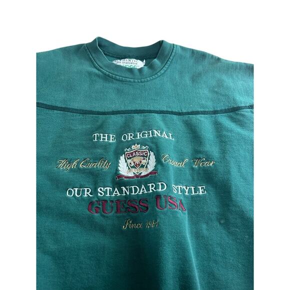 Vintage Guess Dark Green Sweatshirt Sz L Embroidered Made USA Pullover 90's - Picture 10 of 14